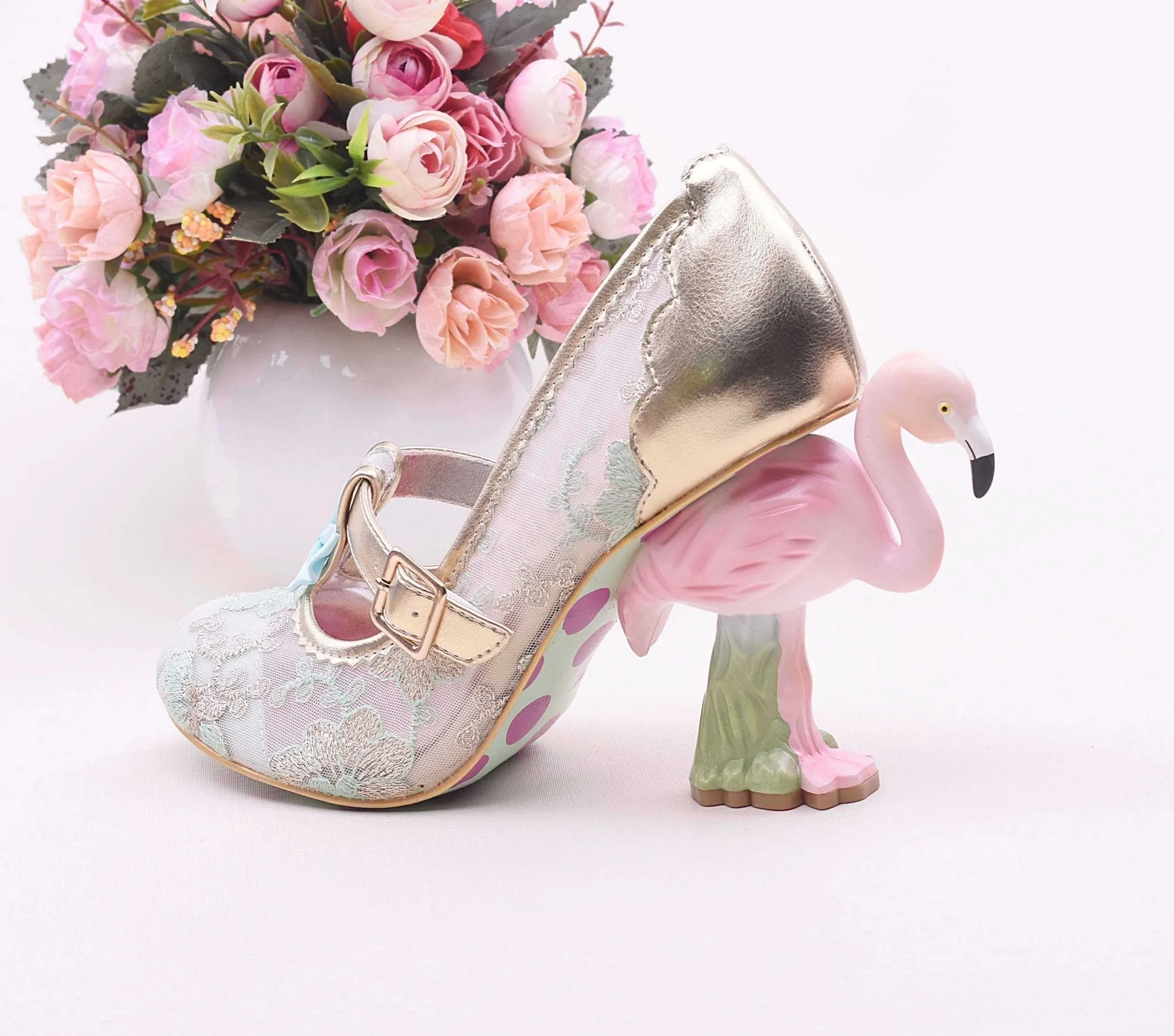 Flamingo-Heel Embroidered Mary Jane Shoes