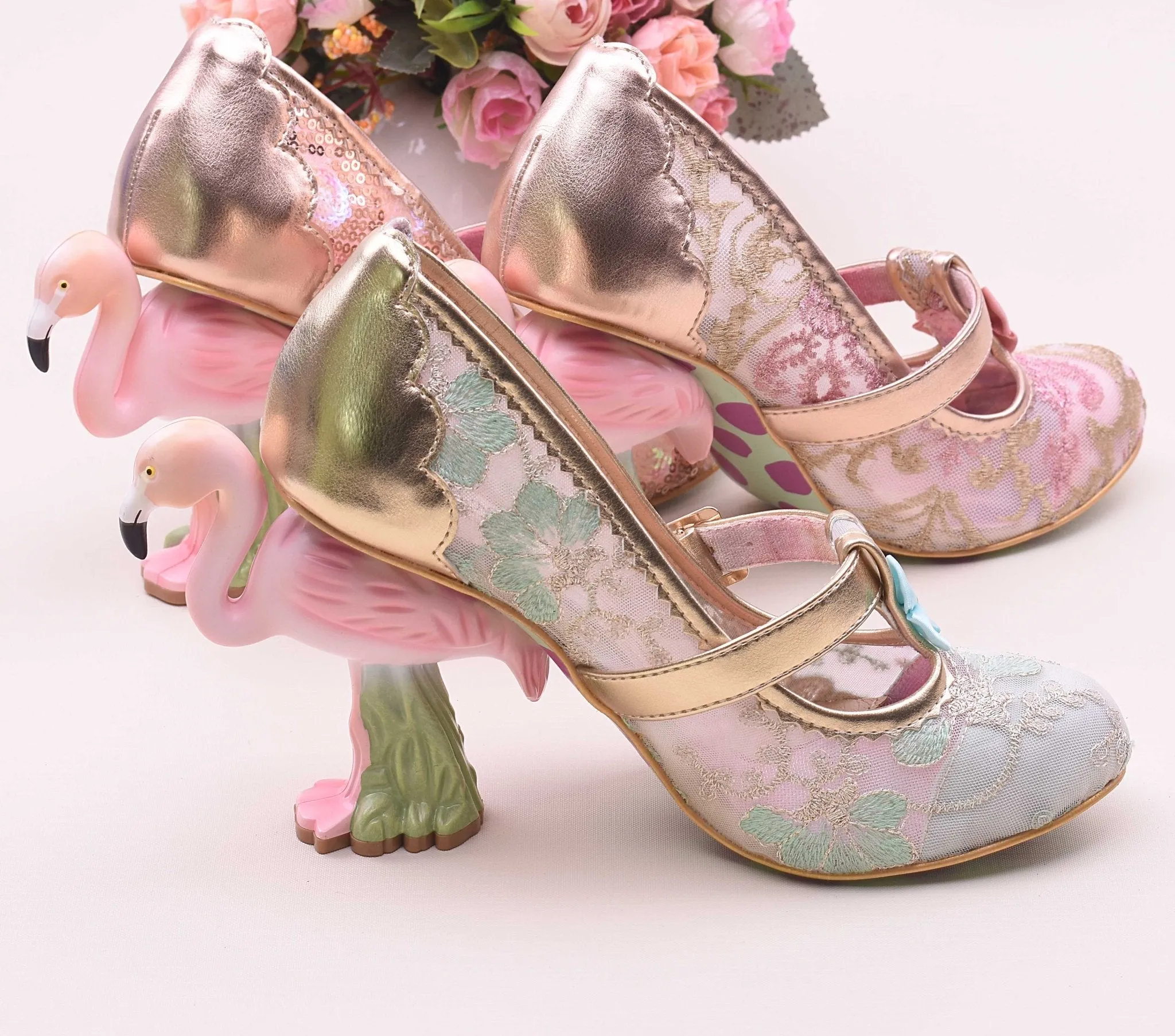 Flamingo-Heel Embroidered Mary Jane Shoes