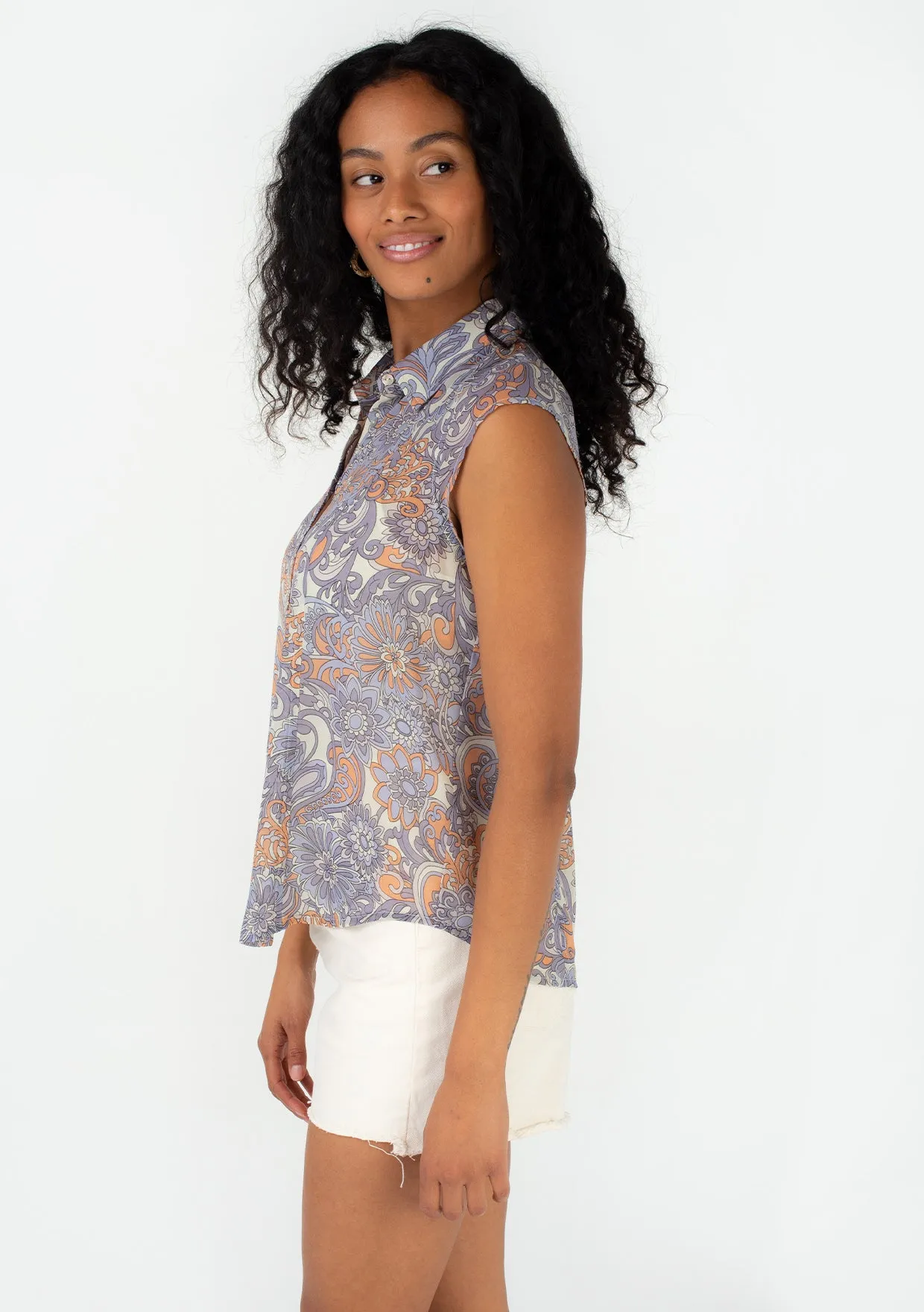 Floral Cap Sleeve Button Down Collared Blouse