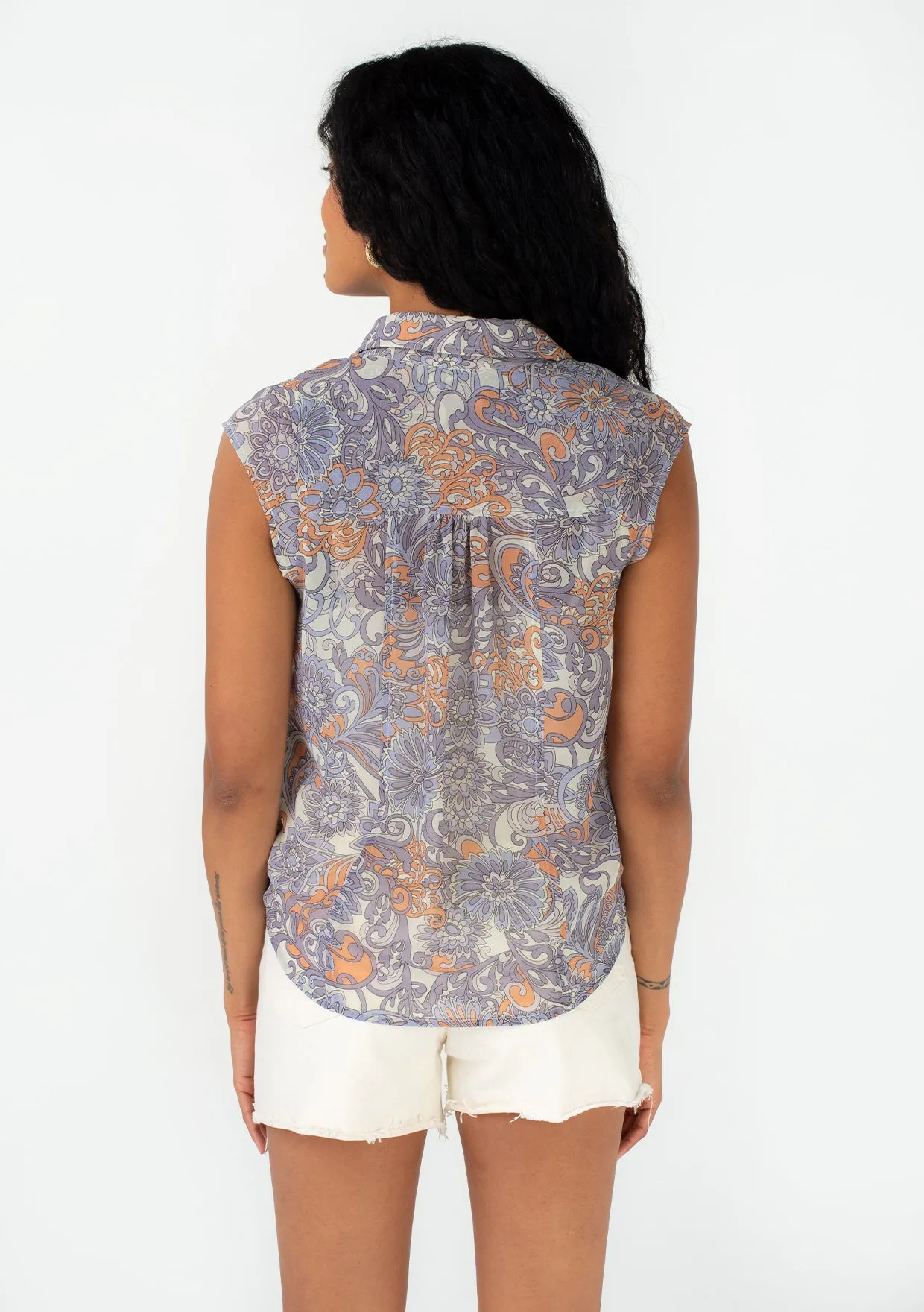 Floral Cap Sleeve Button Down Collared Blouse