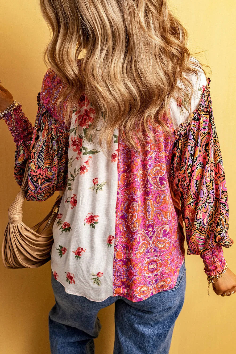 Floral Patchwork Shirred Cuff Blouse