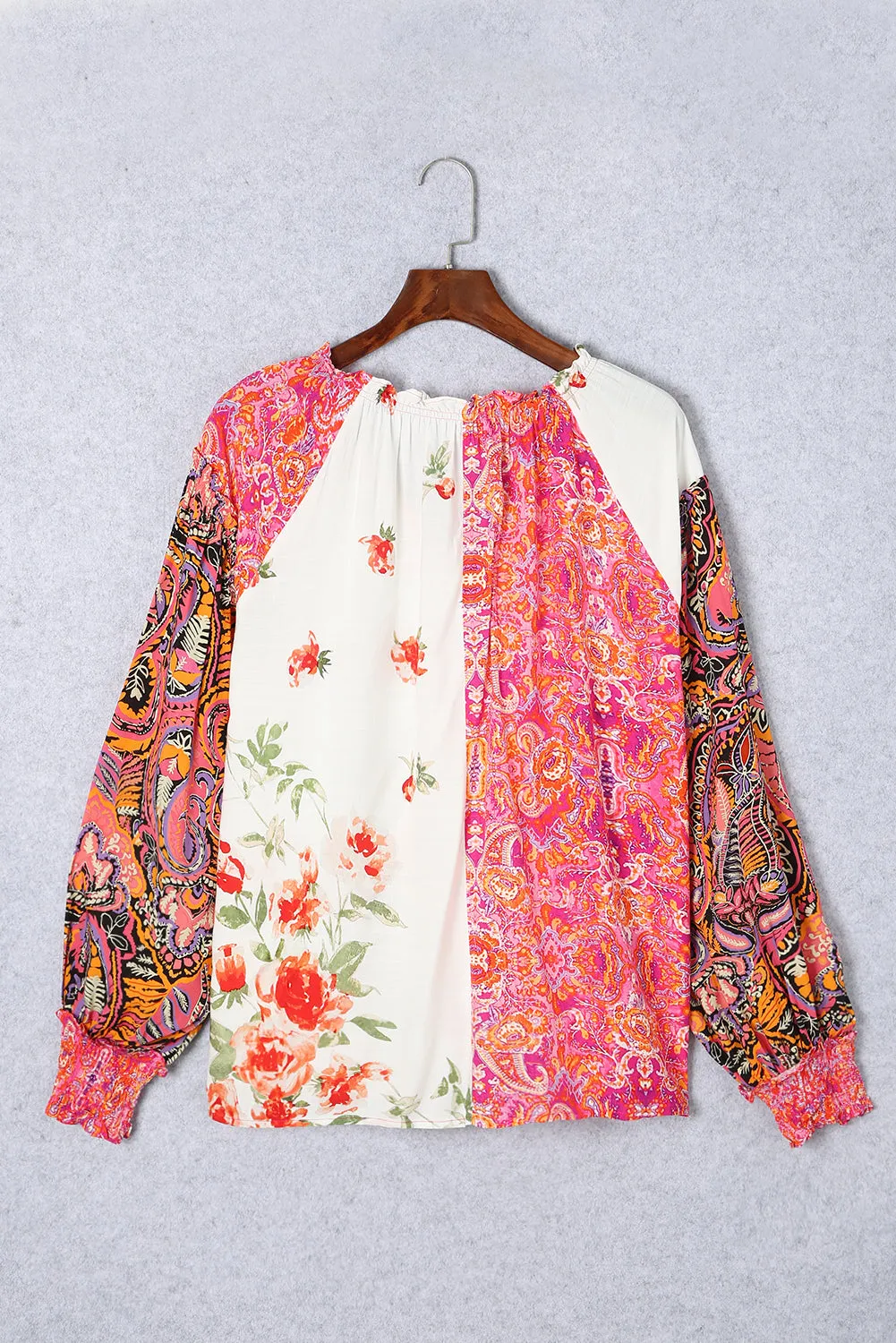 Floral Patchwork Shirred Cuff Blouse