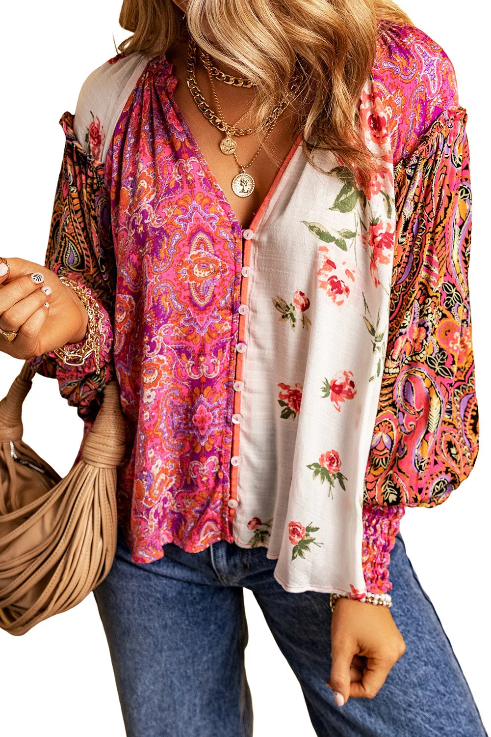 Floral Patchwork Shirred Cuff Blouse