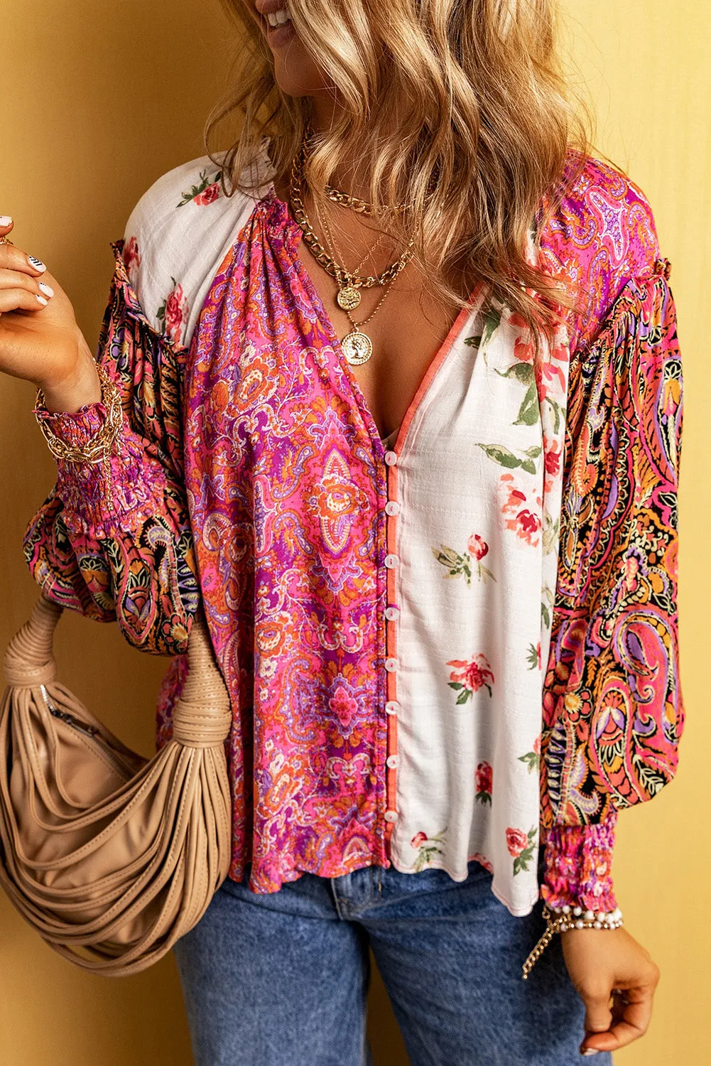 Floral Patchwork Shirred Cuff Blouse