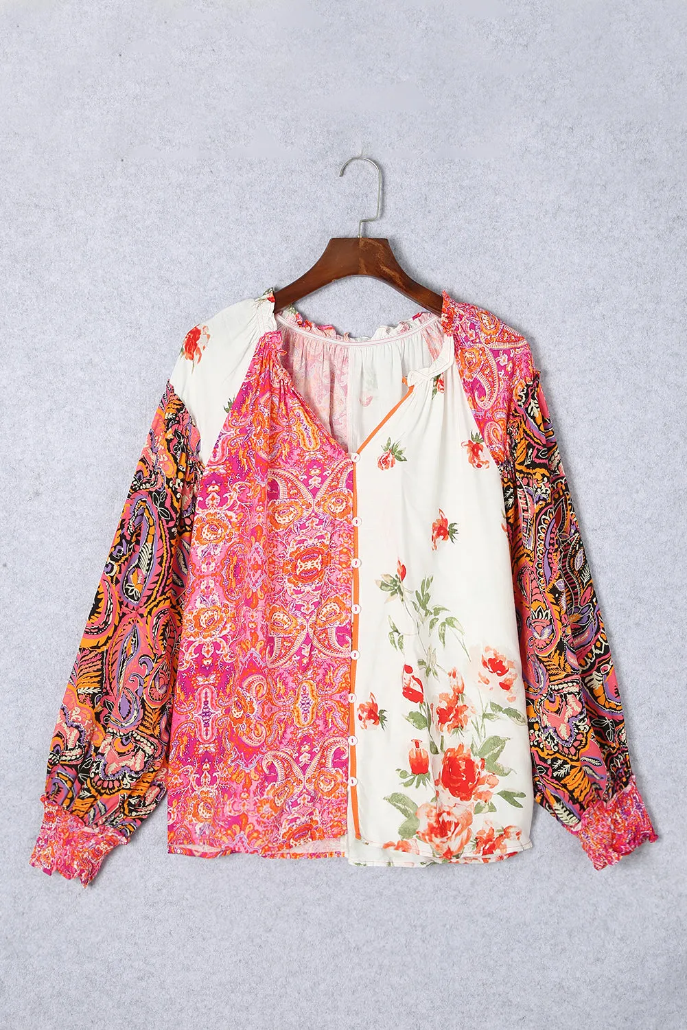Floral Patchwork Shirred Cuff Blouse
