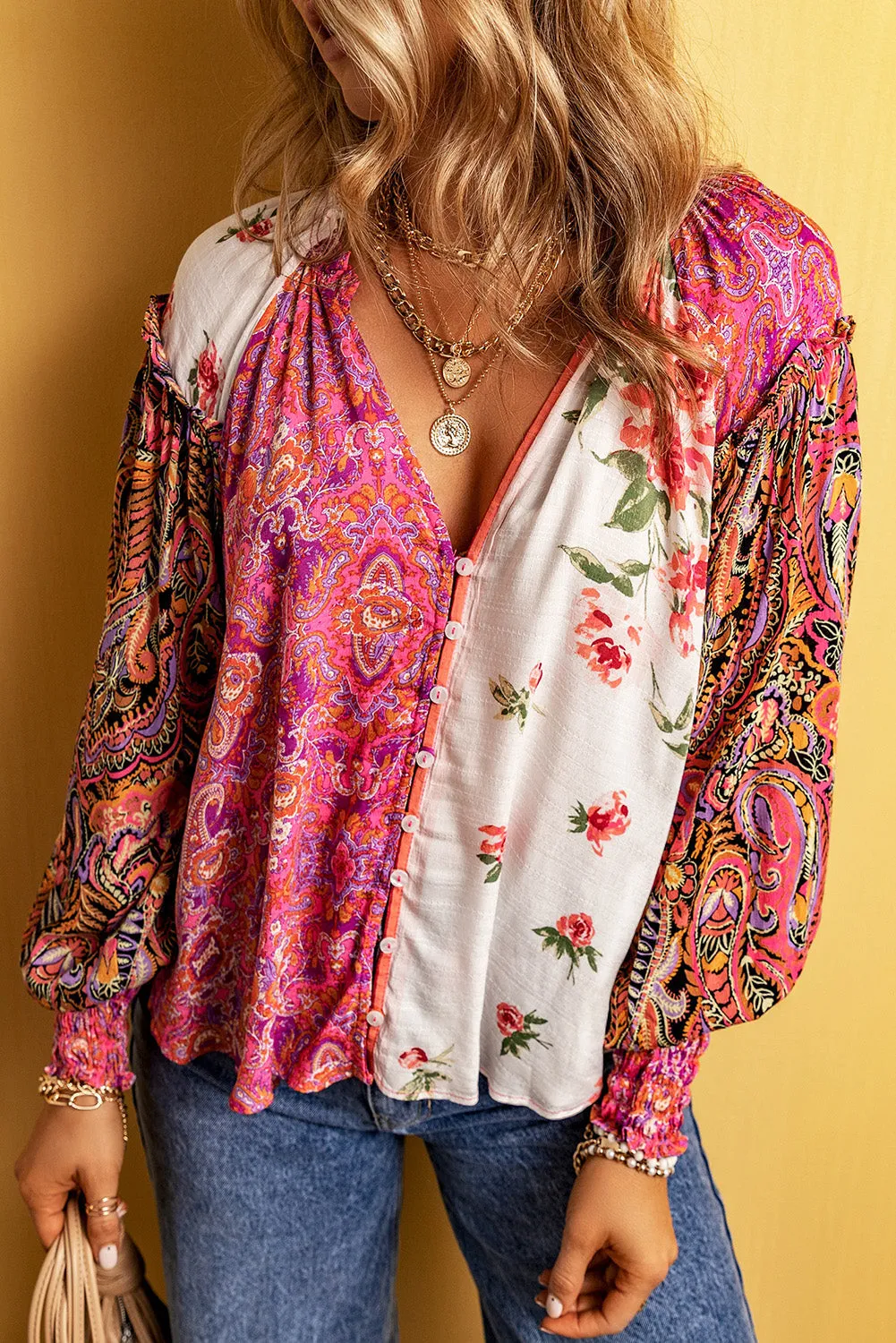 Floral Patchwork Shirred Cuff Blouse