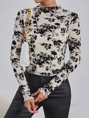 Floral Plush Mesh Long Sleeve T-Shirt