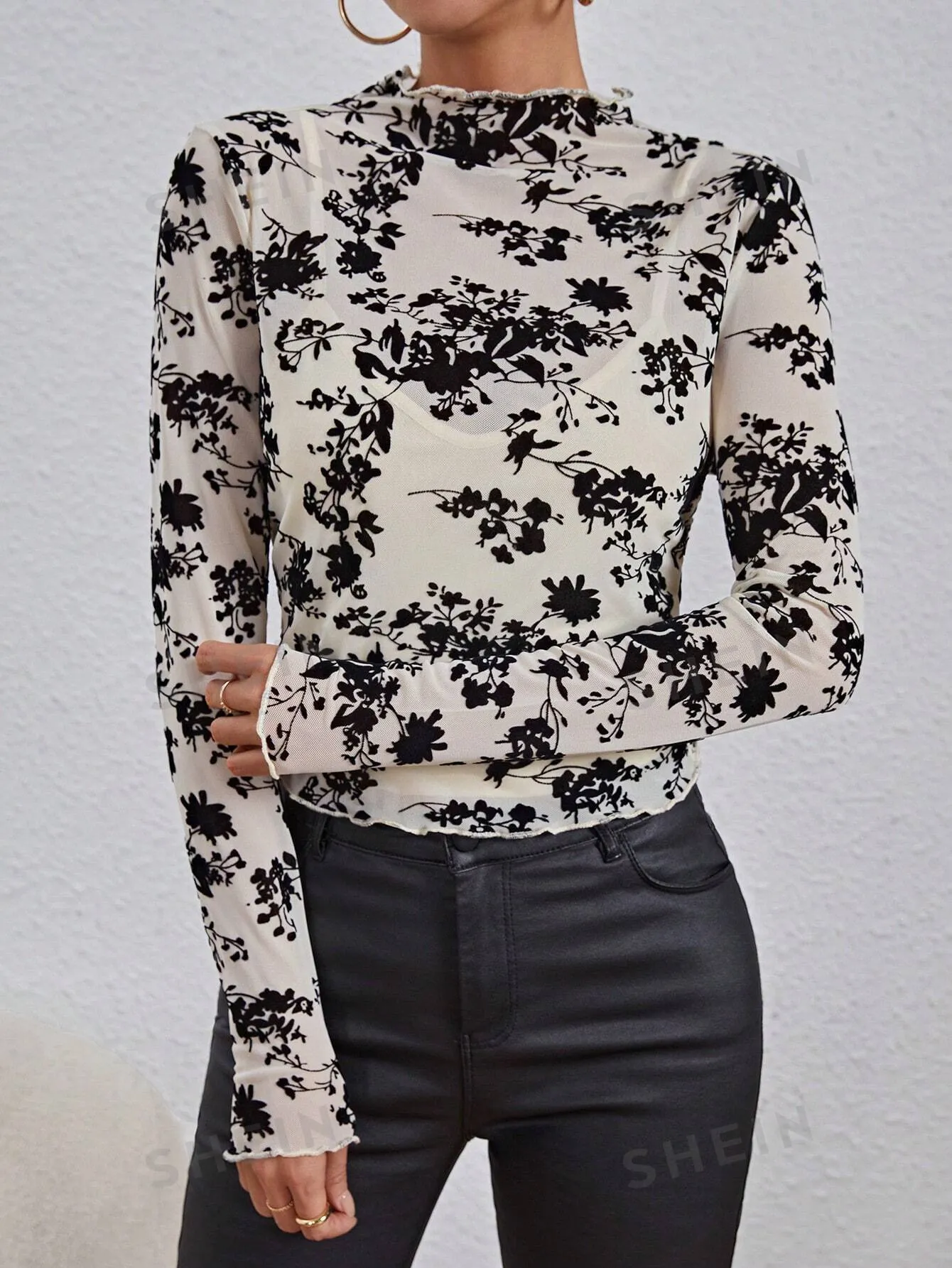 Floral Plush Mesh Long Sleeve T-Shirt