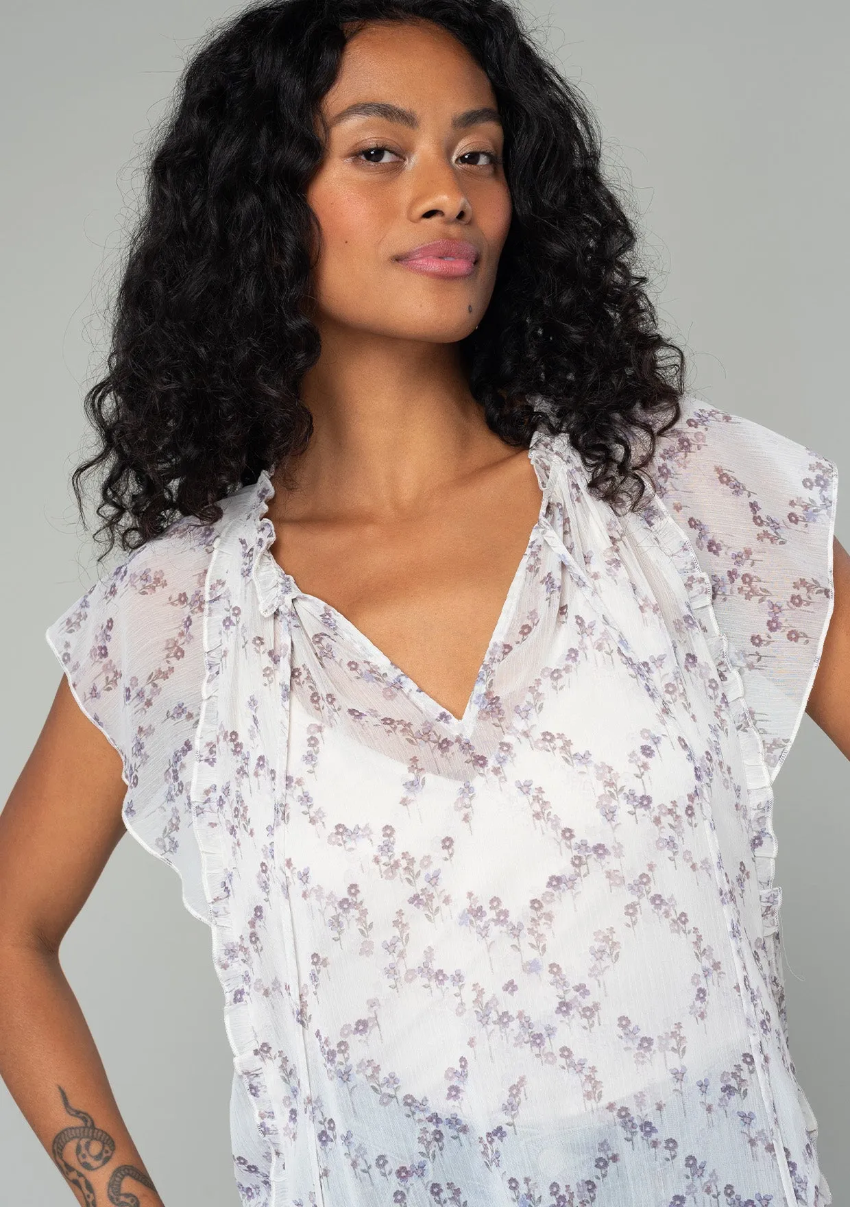 Floral Ruffled Flutter Sleeve Tie Neck Blouse