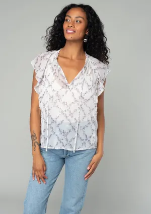 Floral Ruffled Flutter Sleeve Tie Neck Blouse