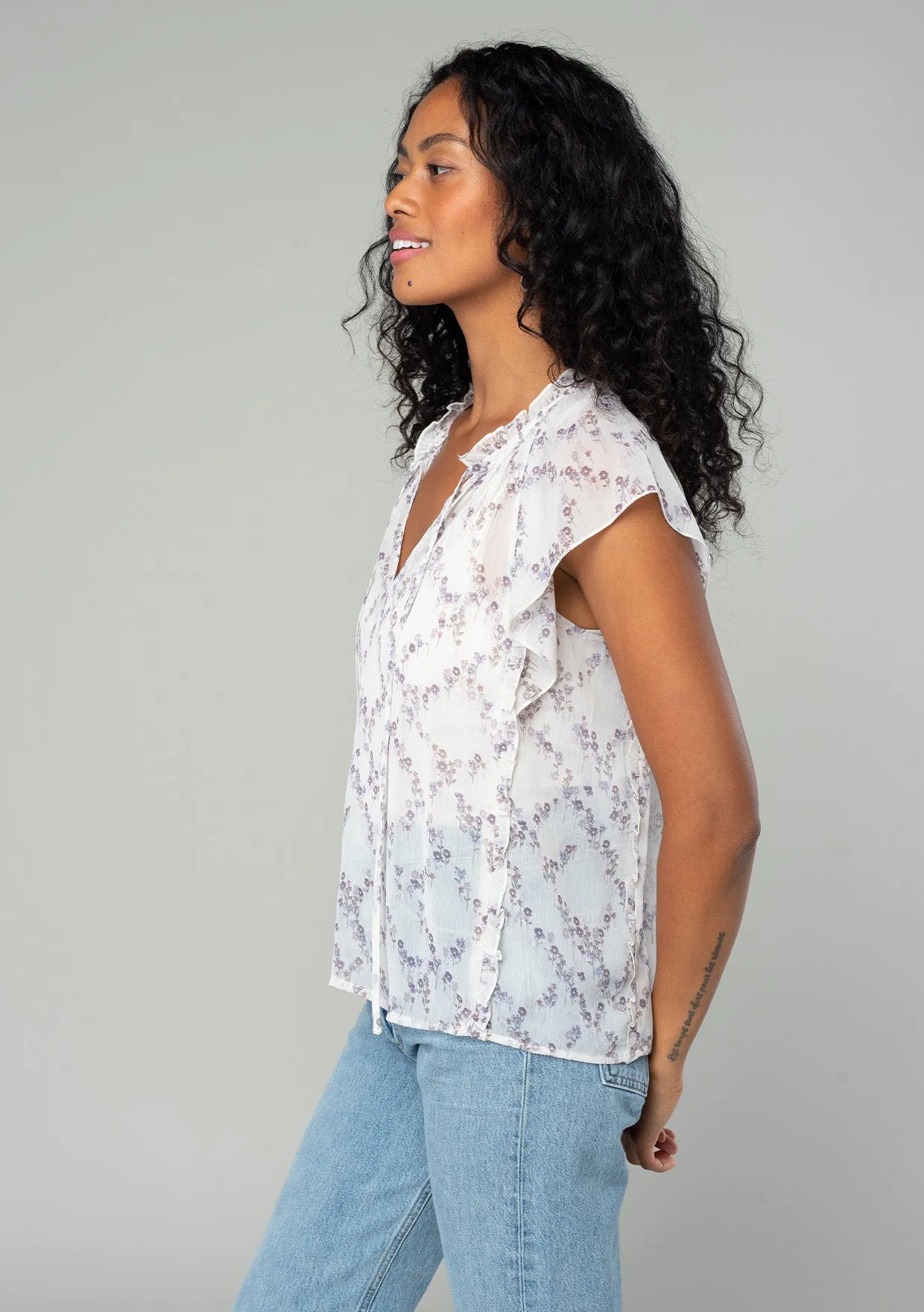 Floral Ruffled Flutter Sleeve Tie Neck Blouse