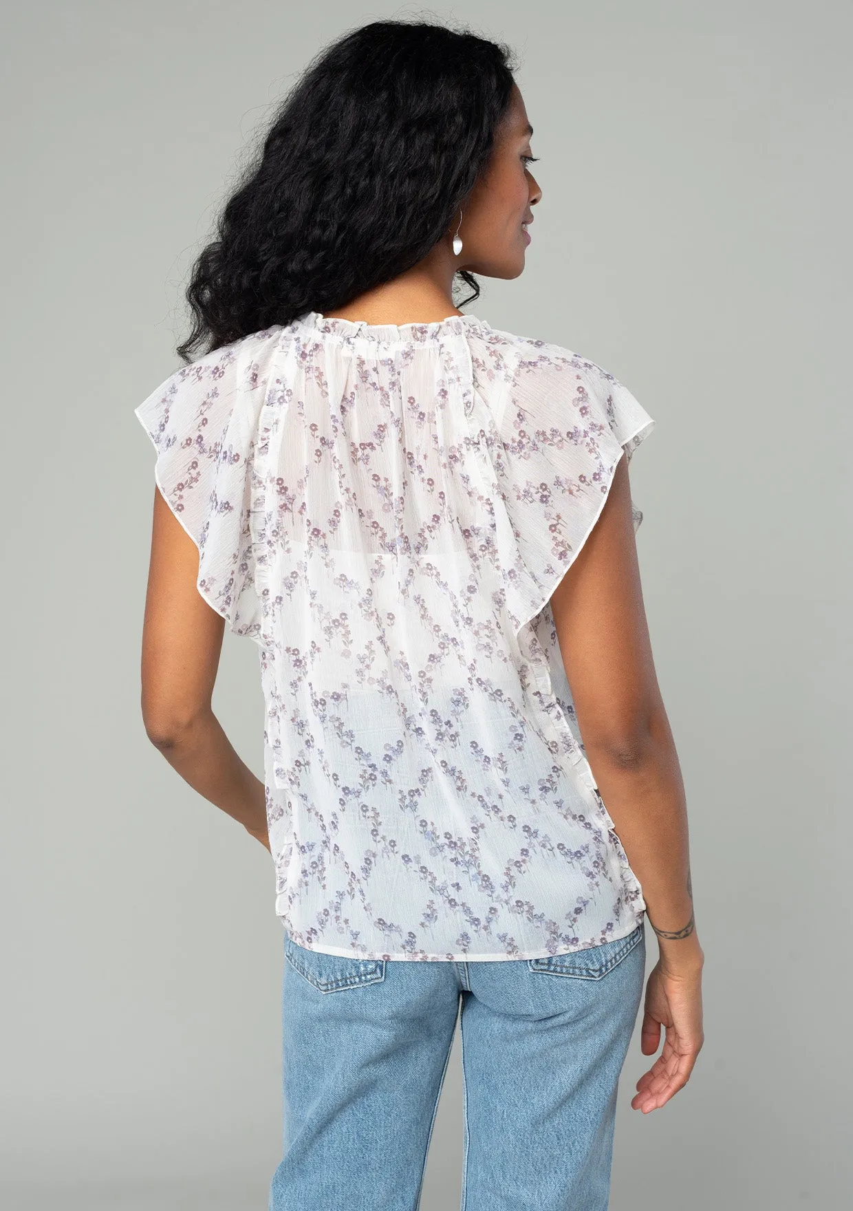 Floral Ruffled Flutter Sleeve Tie Neck Blouse