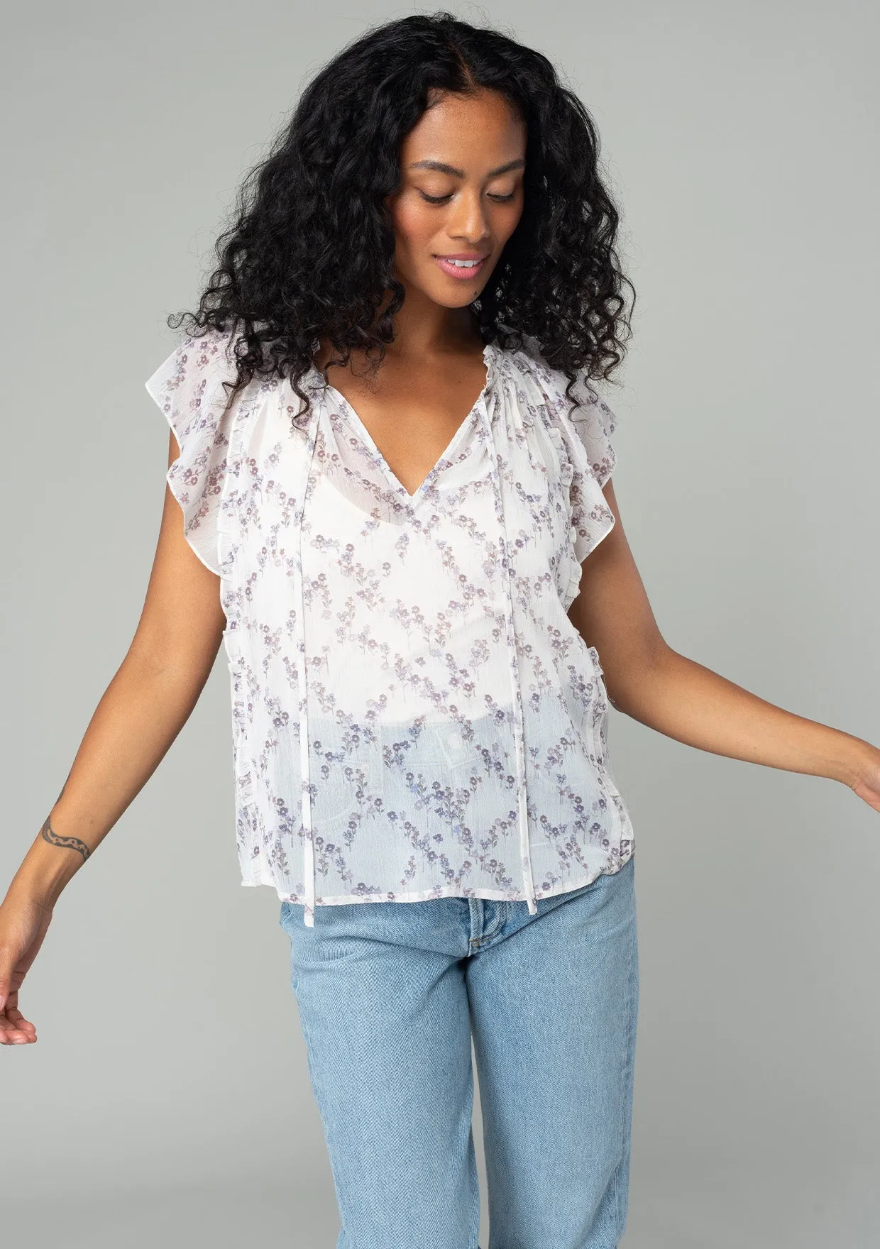 Floral Ruffled Flutter Sleeve Tie Neck Blouse