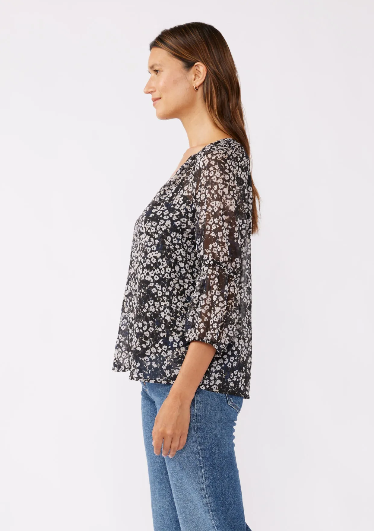 Floral V-Split Neck Puff Sleeve Blouse