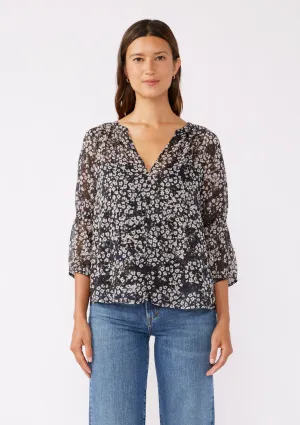 Floral V-Split Neck Puff Sleeve Blouse