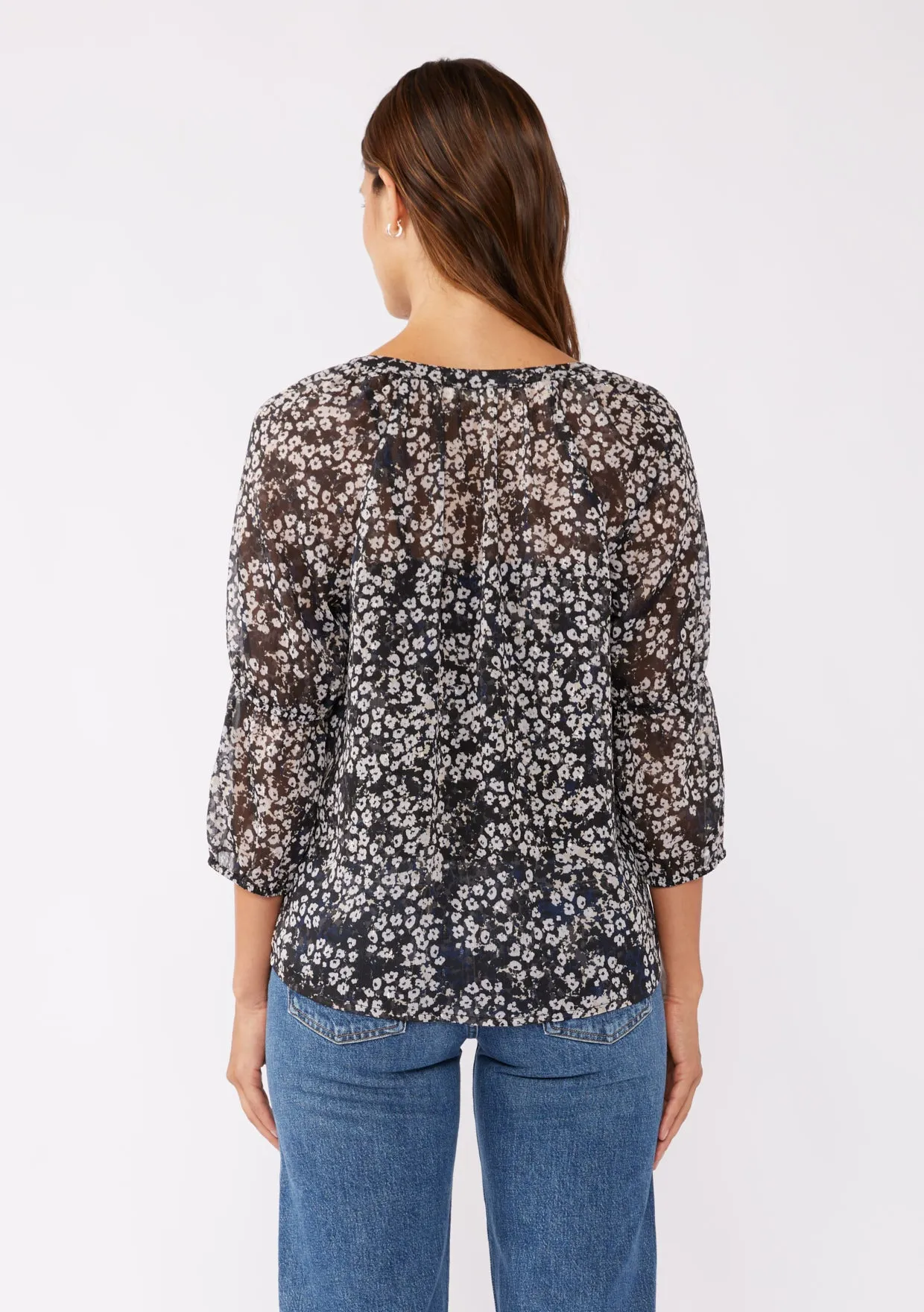 Floral V-Split Neck Puff Sleeve Blouse