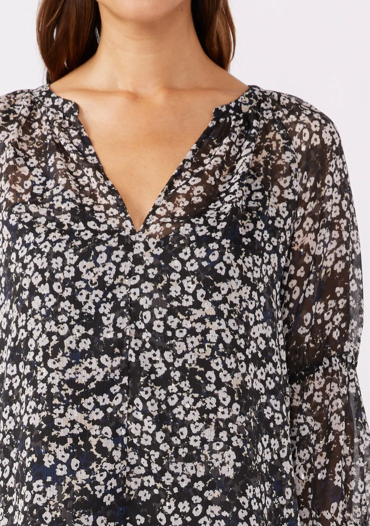 Floral V-Split Neck Puff Sleeve Blouse