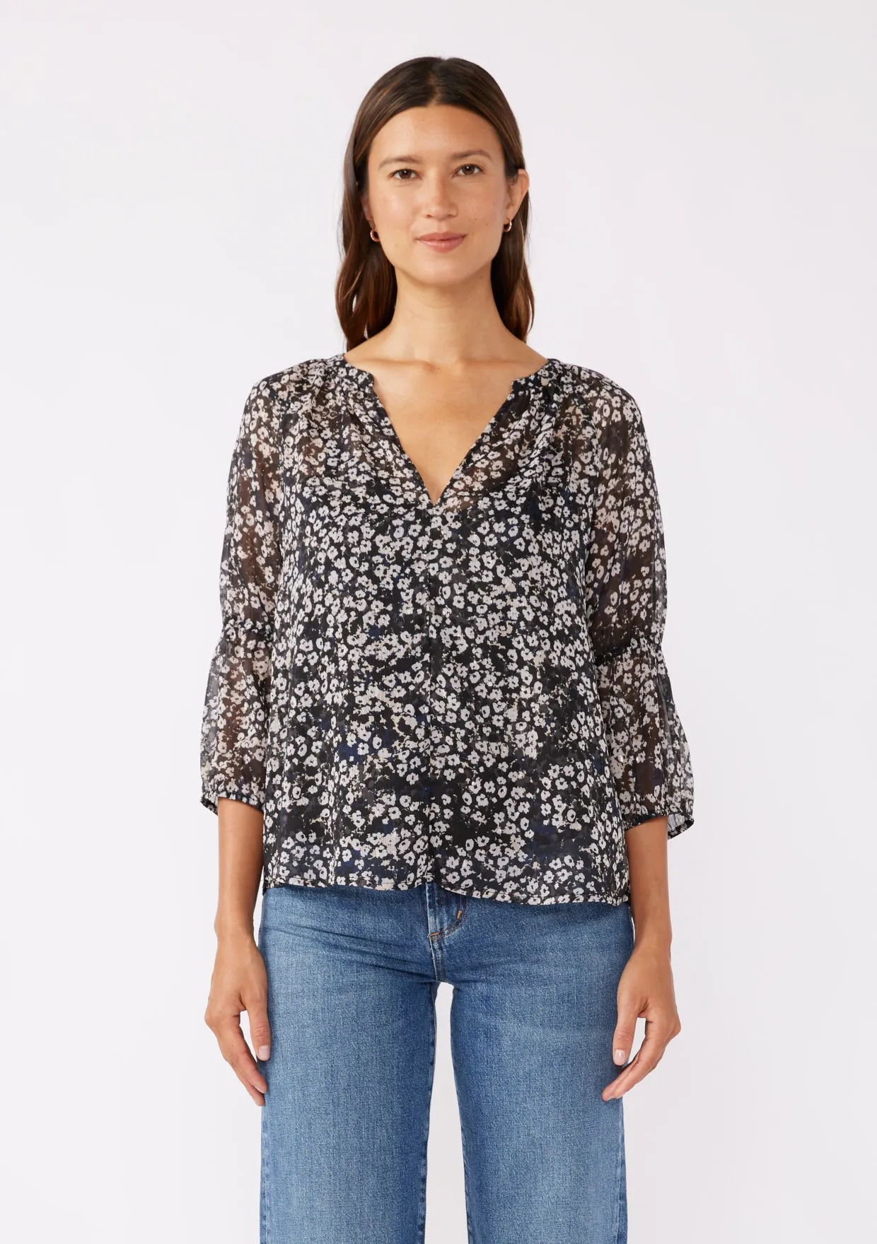 Floral V-Split Neck Puff Sleeve Blouse