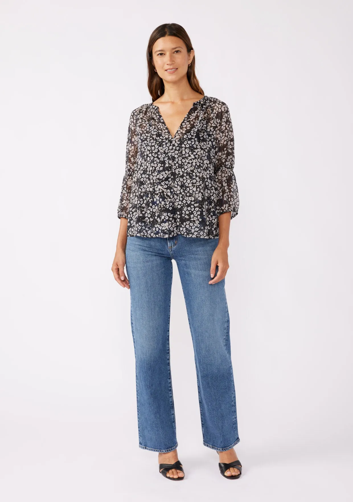 Floral V-Split Neck Puff Sleeve Blouse