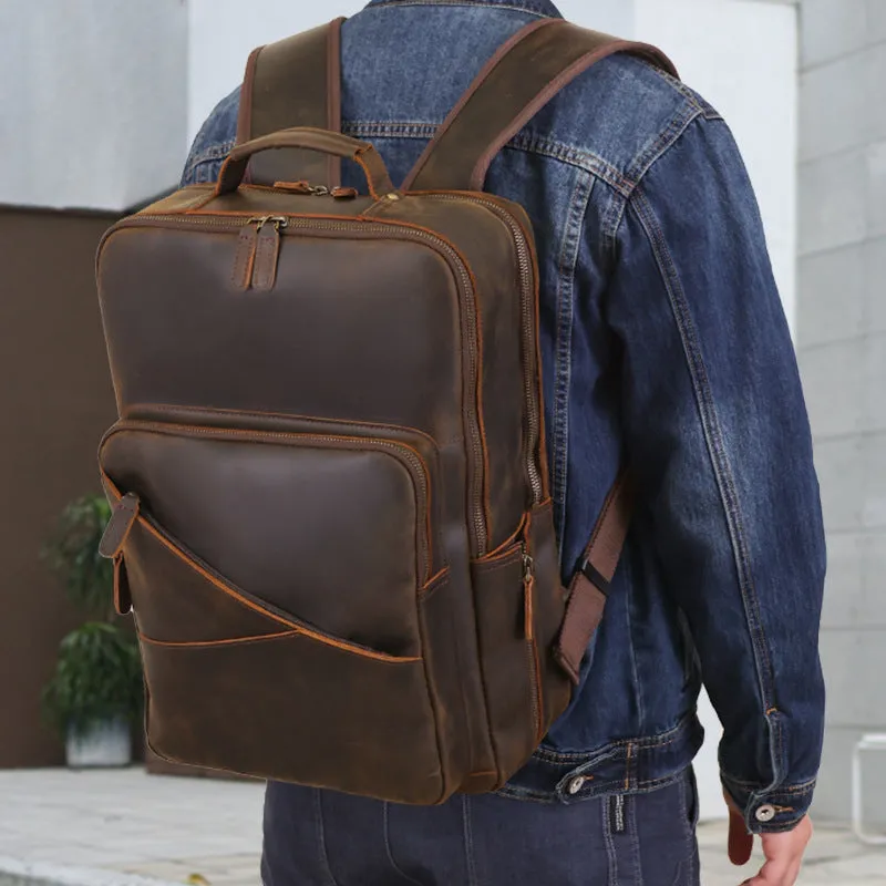 Full Grain Leather backpack Mens Crazy Horse Laptop Backpack Handmade Retro Large Leather Travel Backpacks For Mens
