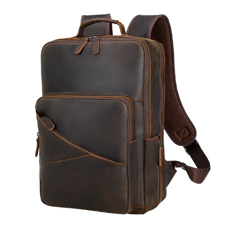 Full Grain Leather backpack Mens Crazy Horse Laptop Backpack Handmade Retro Large Leather Travel Backpacks For Mens