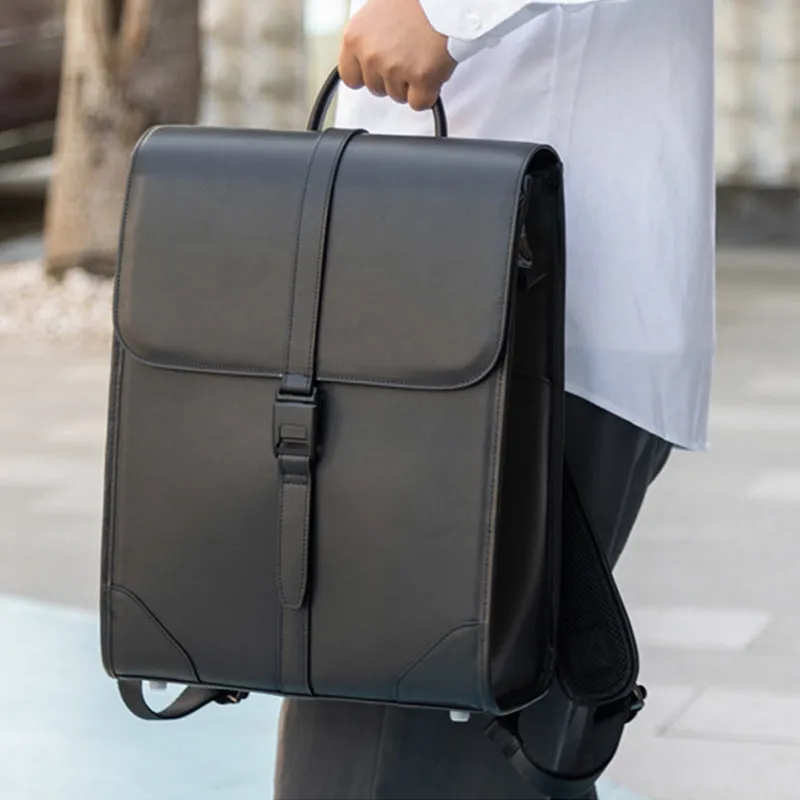Full Grain Leather Men's Business Backpack 14 inch Laptop Backpack Black Leather Work Backpack School Backpack
