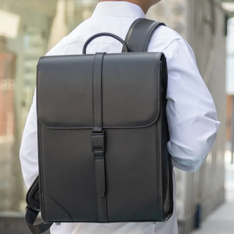 Full Grain Leather Men's Business Backpack 14 inch Laptop Backpack Black Leather Work Backpack School Backpack
