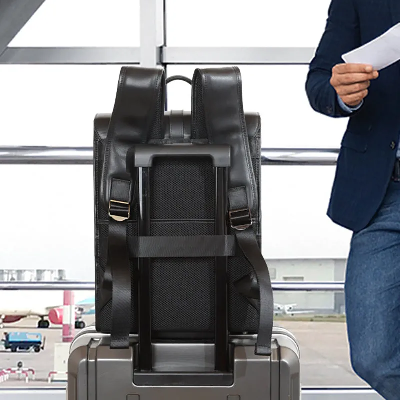 Full Grain Leather Men's Business Backpack 14 inch Laptop Backpack Black Leather Work Backpack School Backpack
