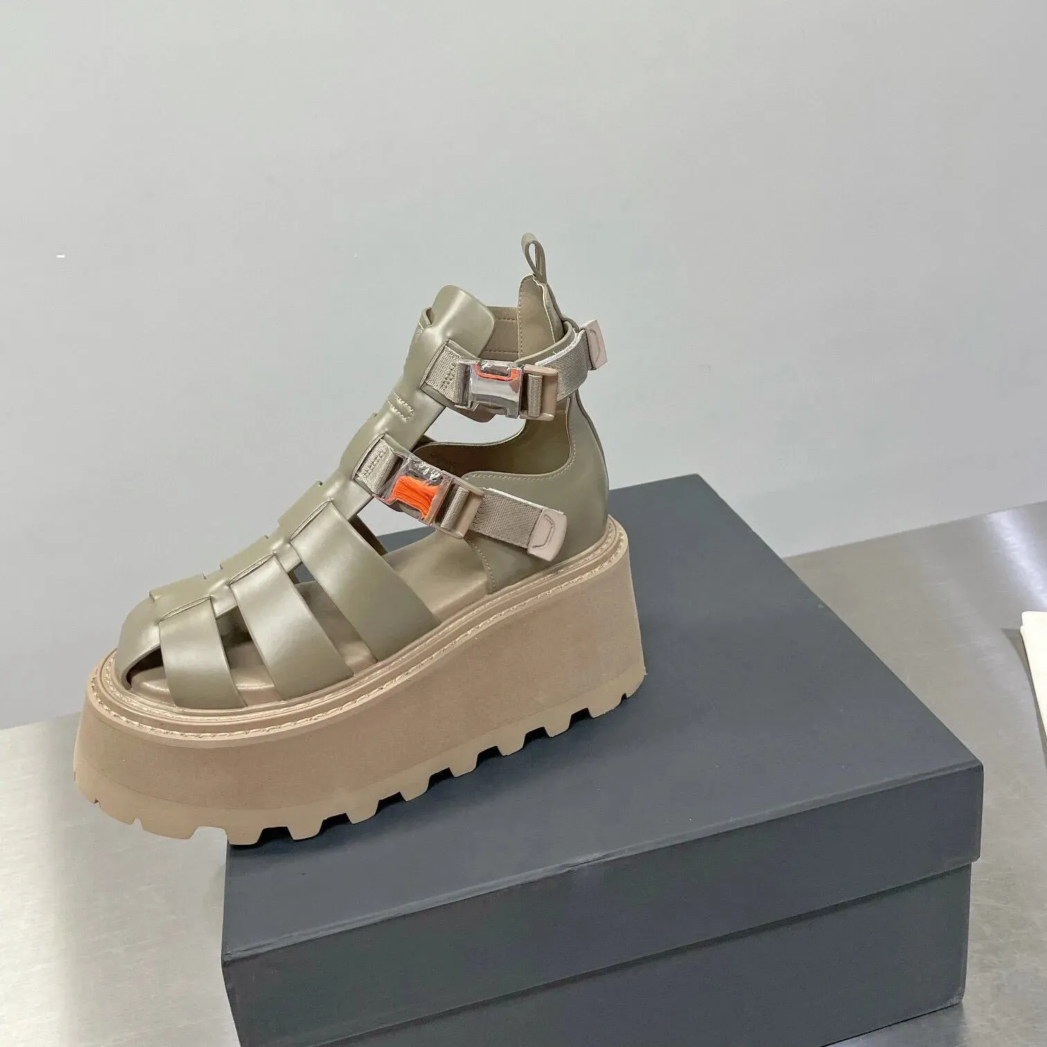 Genuine Leather Wedge Heels Woman Gladiator Sandals Narrow Band Platform