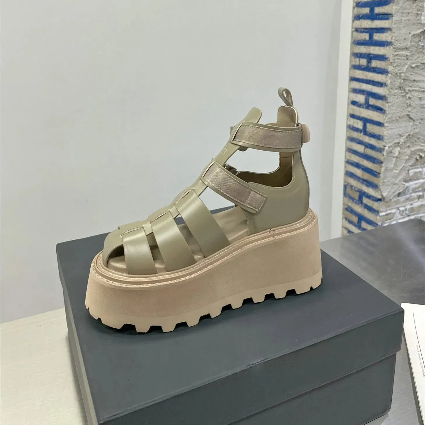 Genuine Leather Wedge Heels Woman Gladiator Sandals Narrow Band Platform