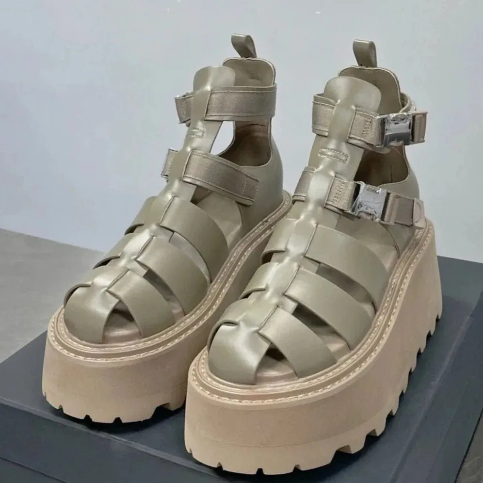 Genuine Leather Wedge Heels Woman Gladiator Sandals Narrow Band Platform
