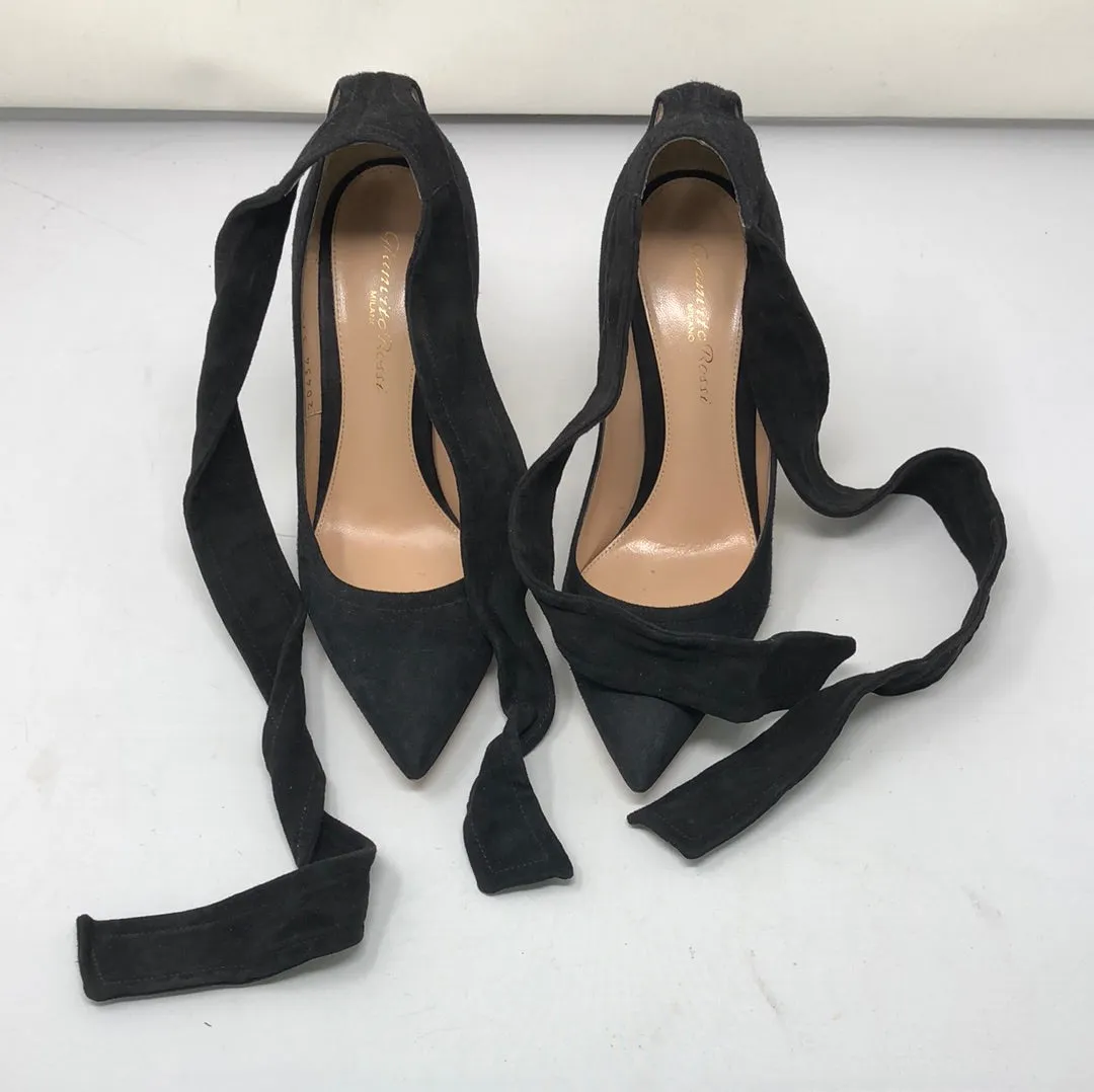 Gianvito Rossi Black Suede Pump with Ankle Ribbon Tie