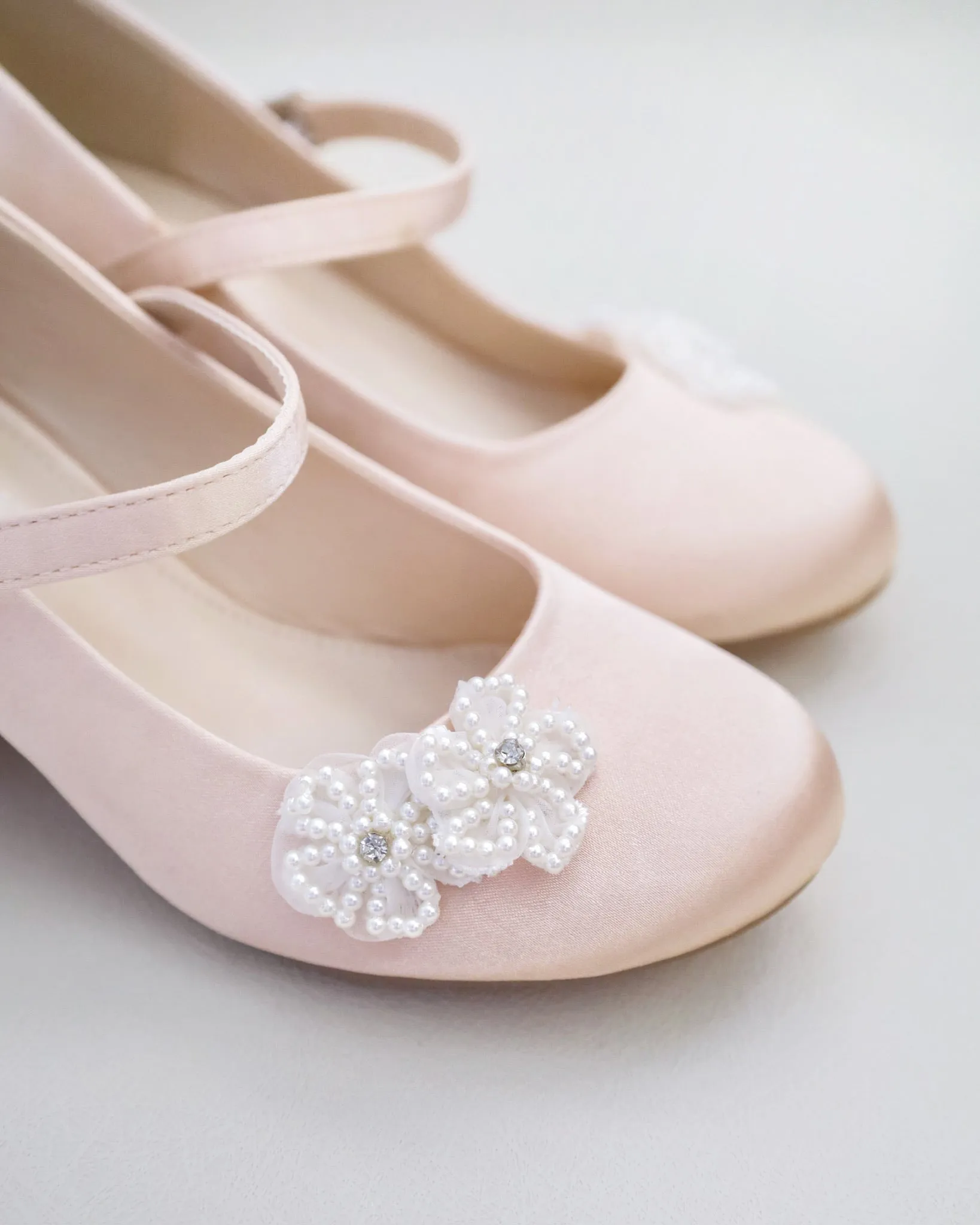 Girls Satin Mary Jane Block Heel with All Pearls Chassia Flowers