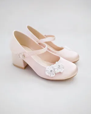 Girls Satin Mary Jane Block Heel with All Pearls Chassia Flowers