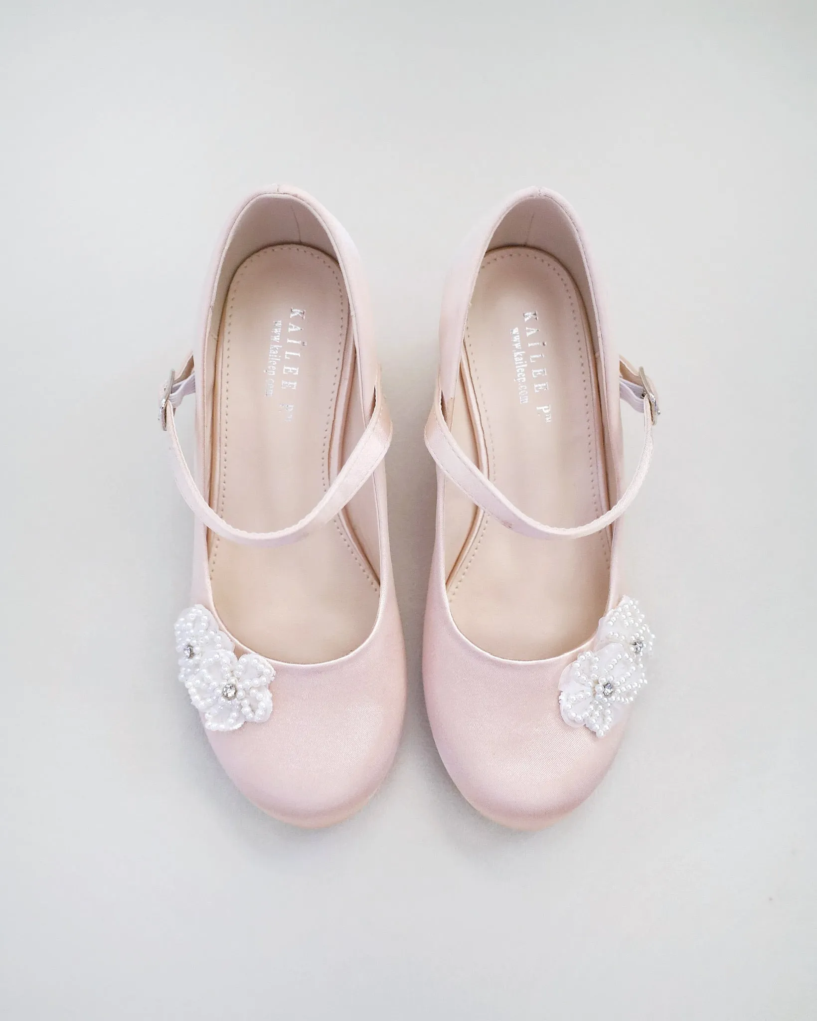 Girls Satin Mary Jane Block Heel with All Pearls Chassia Flowers