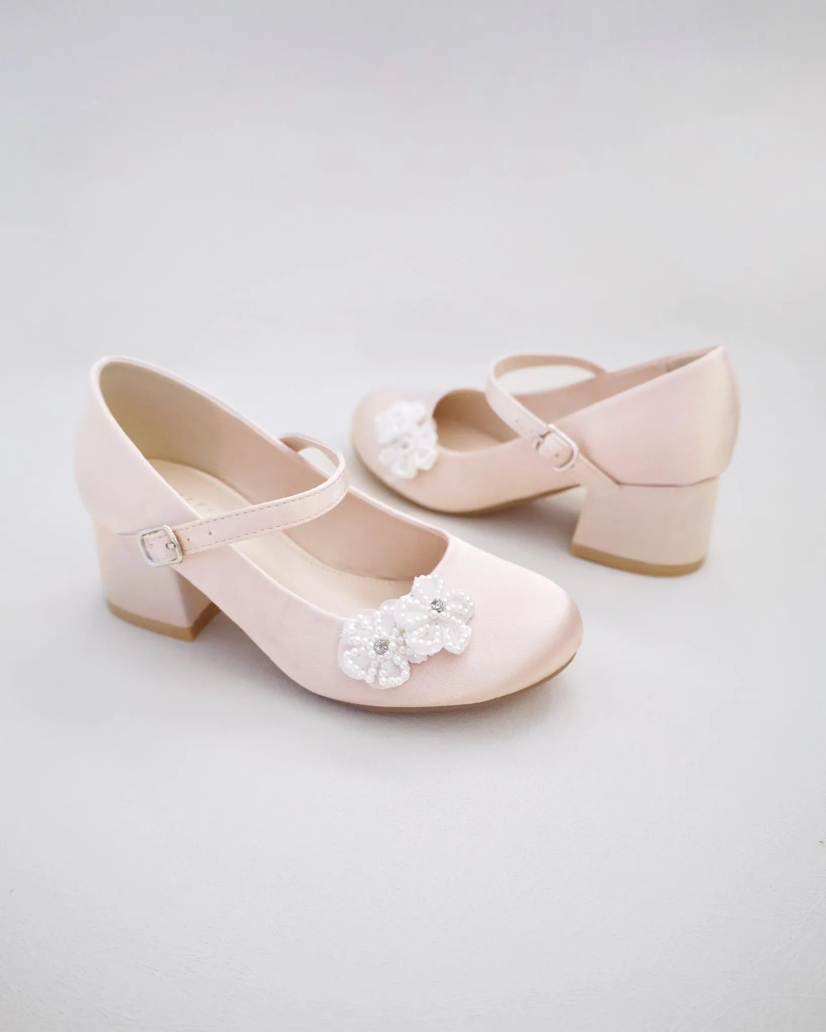 Girls Satin Mary Jane Block Heel with All Pearls Chassia Flowers