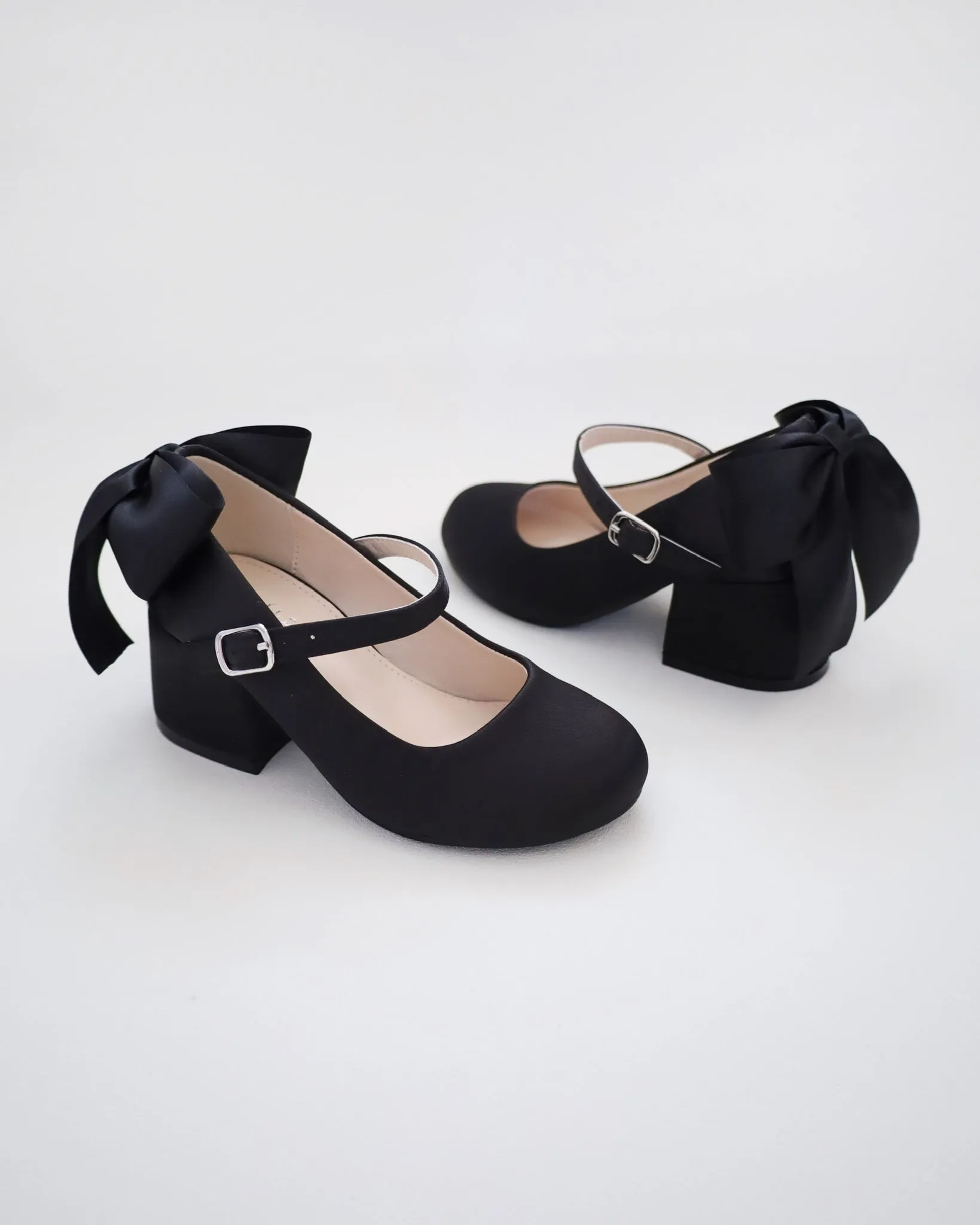 Girls Satin Mary Jane Block Heel with Back Satin Bow