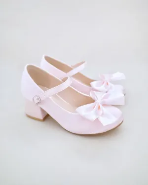 Girls Satin Mary Jane Block Heel with Front Satin Bow