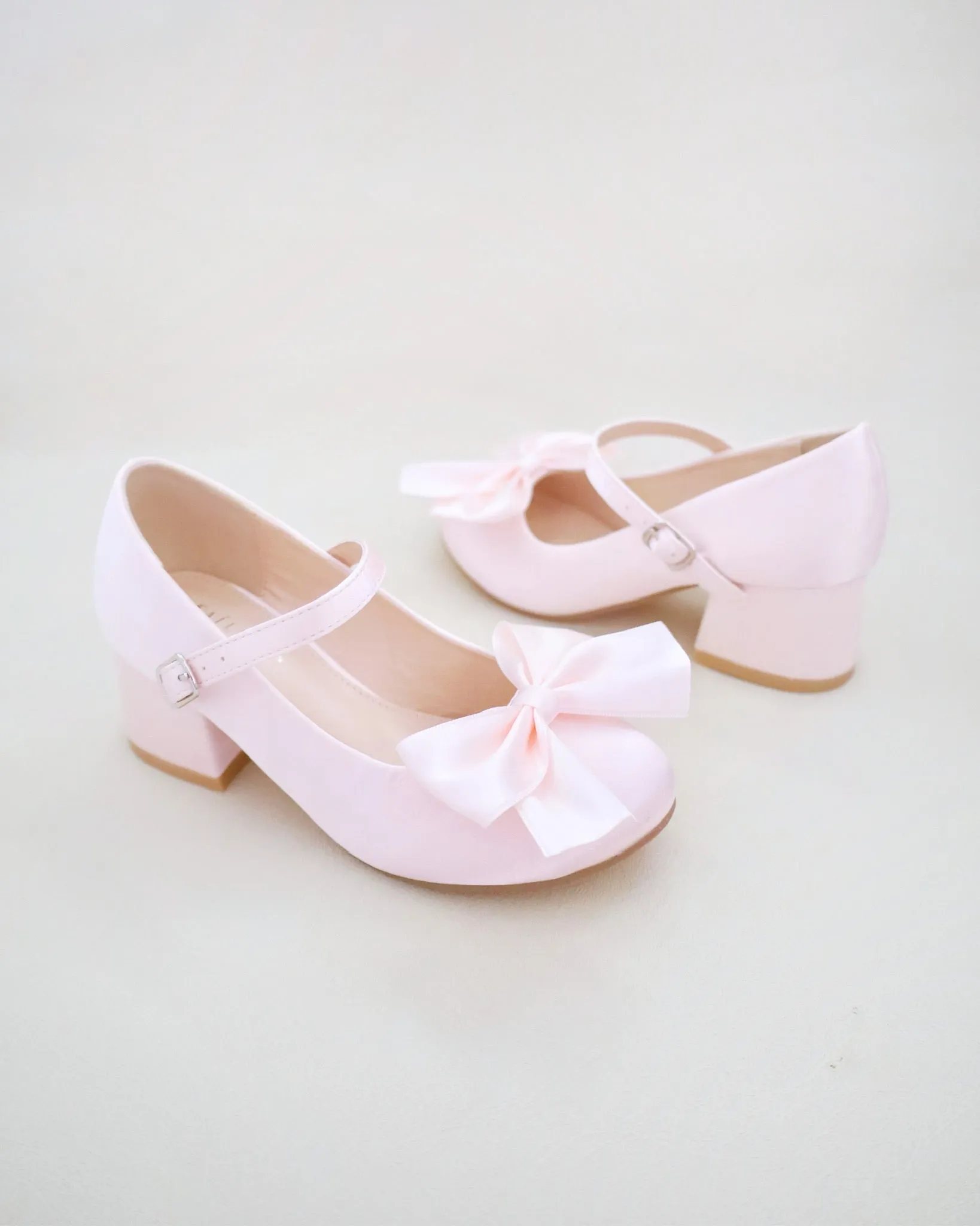 Girls Satin Mary Jane Block Heel with Front Satin Bow