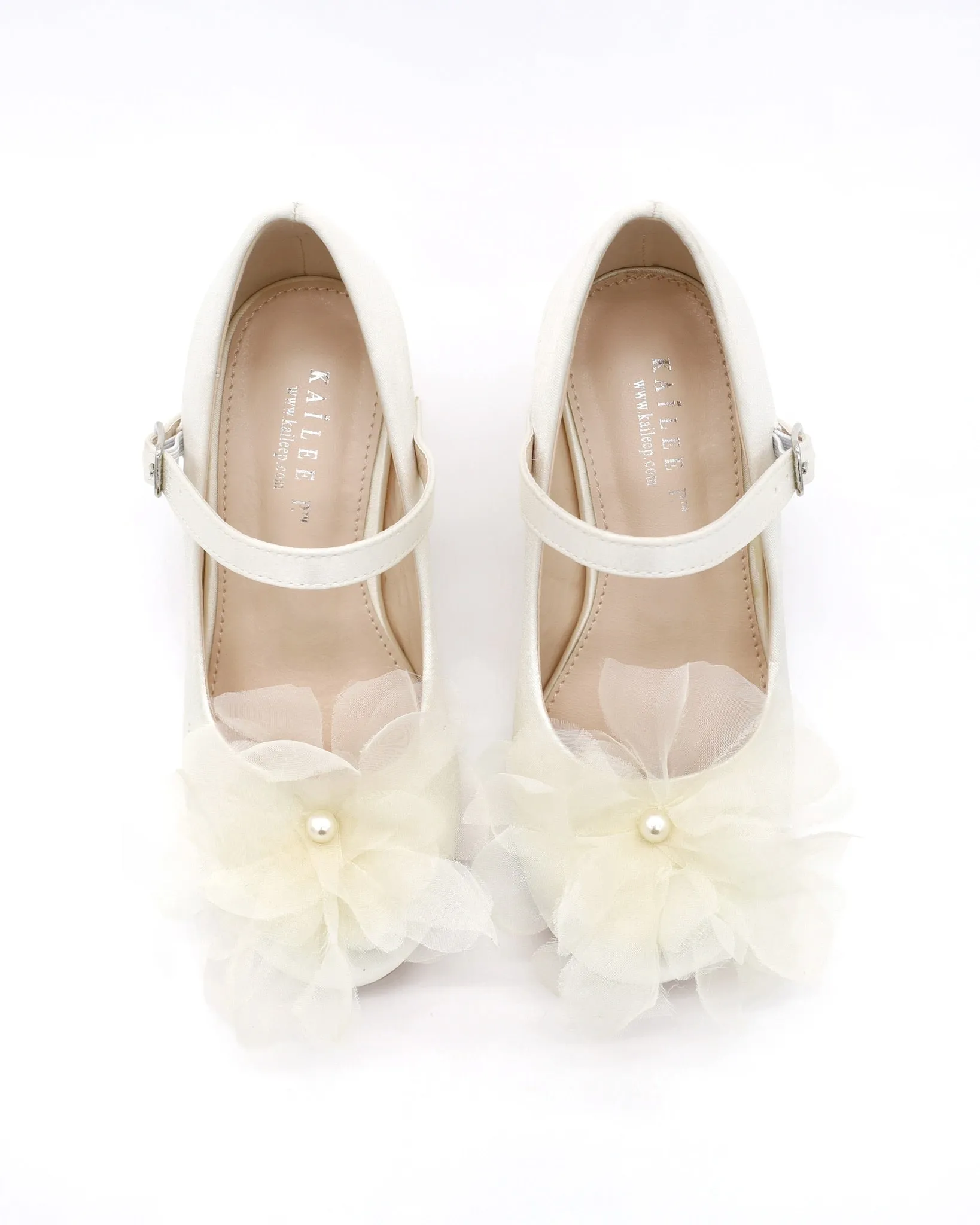 Girls Satin Mary Jane Block Heel with Ophelia Flowers