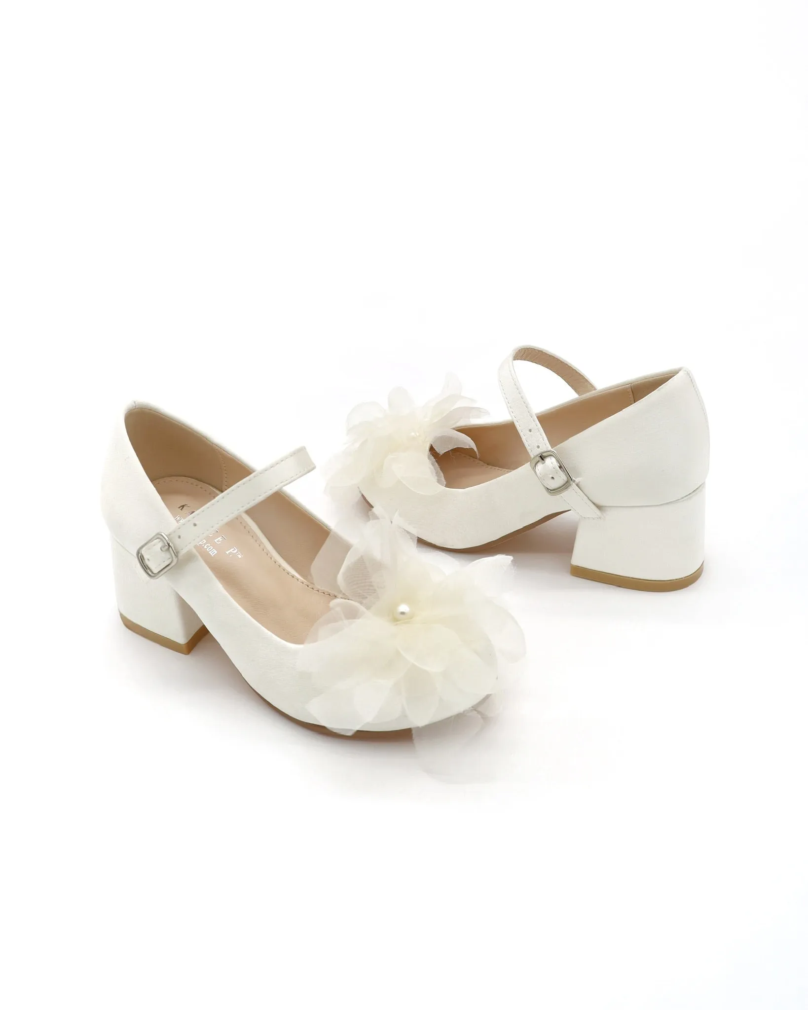Girls Satin Mary Jane Block Heel with Ophelia Flowers