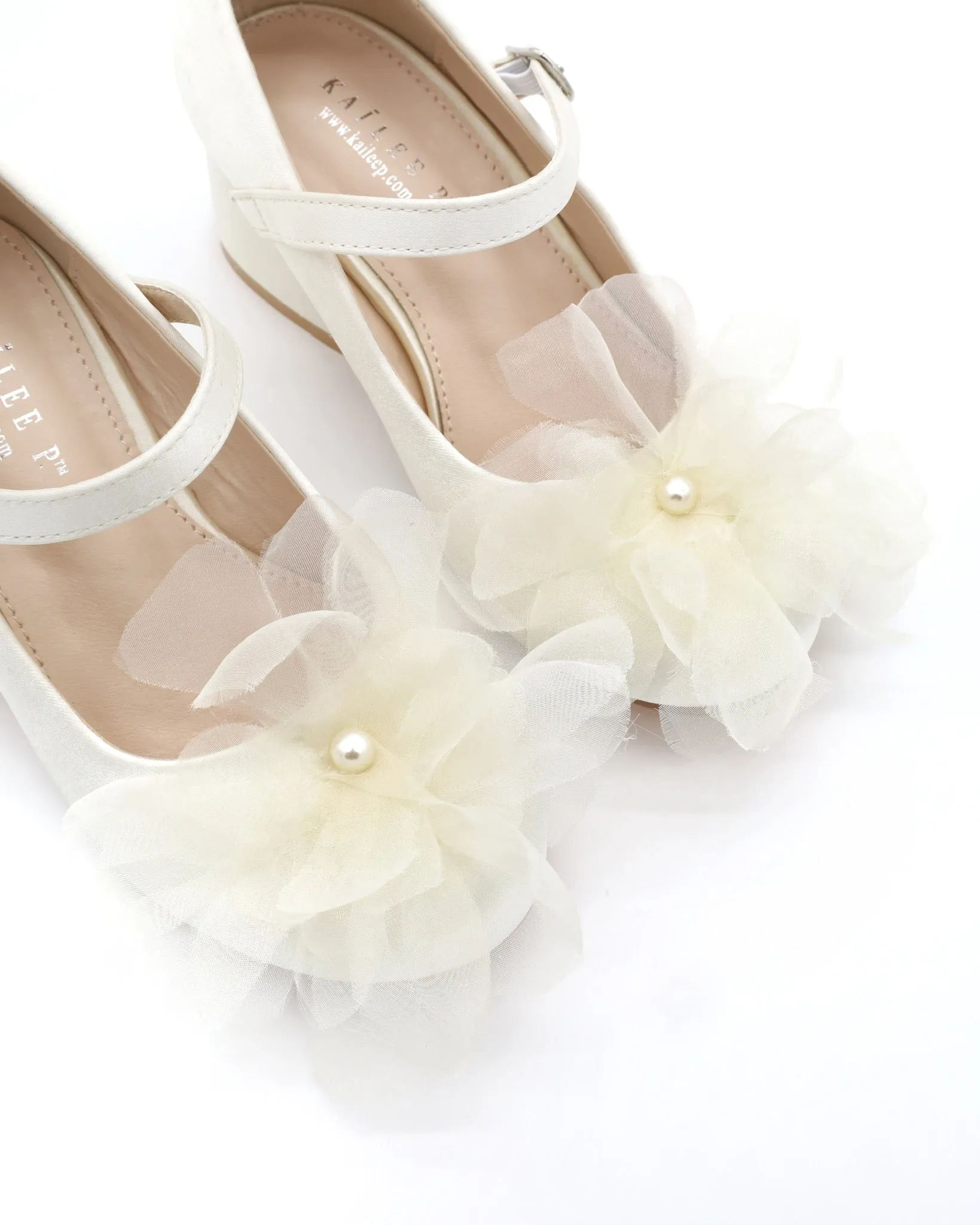 Girls Satin Mary Jane Block Heel with Ophelia Flowers