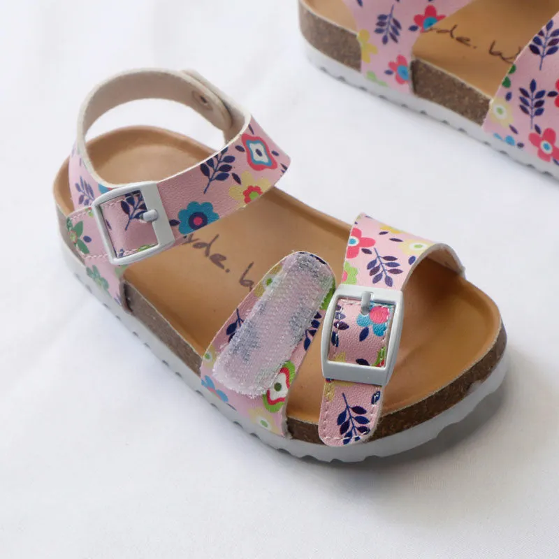 Girls' Summer Floral Print Cork Outsole Faux Leather Sandals - Pink, Lavender
