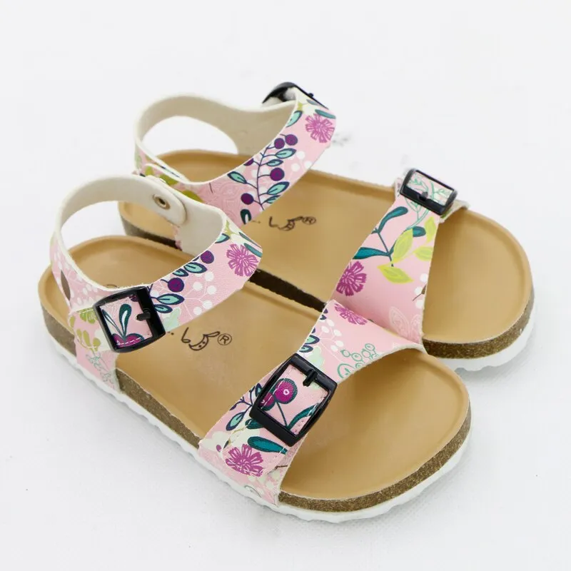 Girls' Summer Floral Print Cork Outsole Faux Leather Sandals - Pink, Lavender