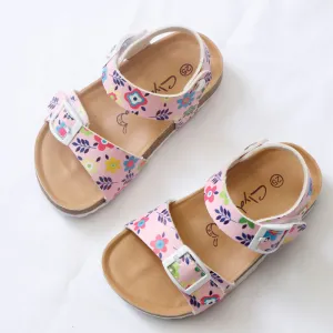 Girls' Summer Floral Print Cork Outsole Faux Leather Sandals - Pink, Lavender
