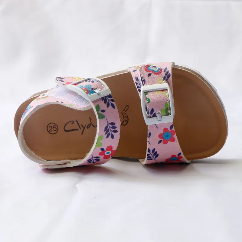 Girls' Summer Floral Print Cork Outsole Faux Leather Sandals - Pink, Lavender