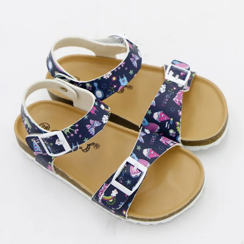 Girls' Summer Floral Print Cork Outsole Faux Leather Sandals - Sky Blue, Navy Blue