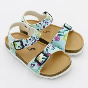 Girls' Summer Floral Print Cork Outsole Faux Leather Sandals - Sky Blue, Navy Blue