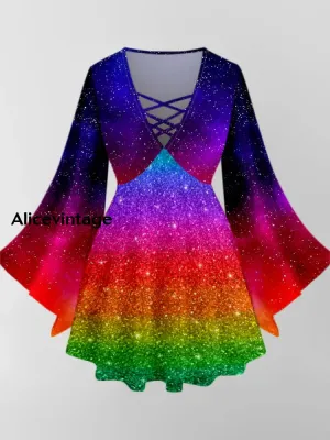 Glitter Color Art Print V-Neck Long Sleeve Top