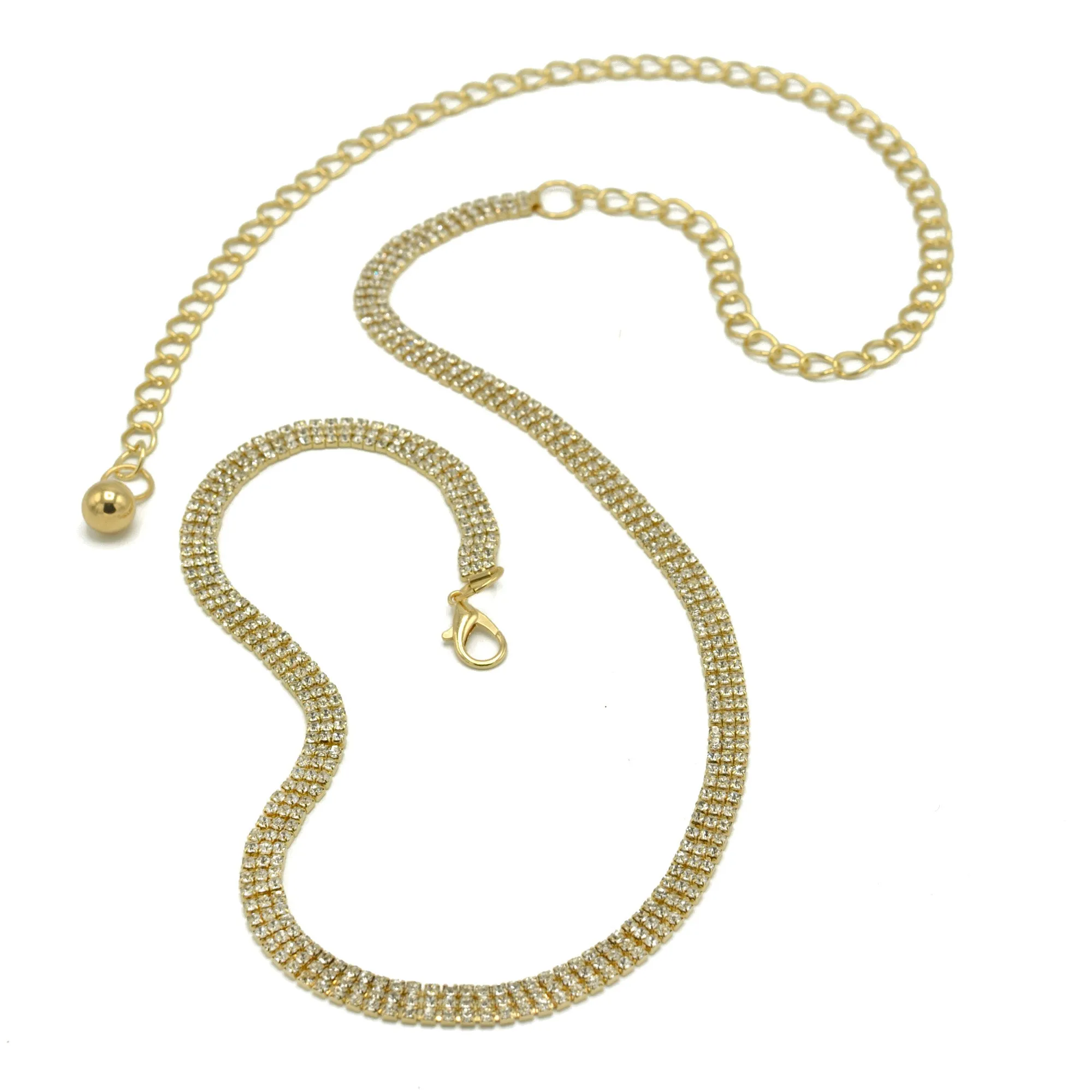 GOLD 3 ROWS RHINESTONE CRYSTAL WAIST CHAIN BELT #HNB90672GD